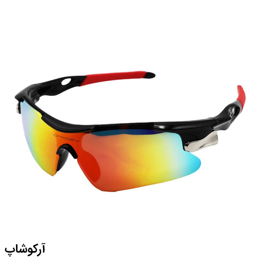 عینک ورزشی نیم فریم اوکلی با فریم مشکی رنگ، لنز جیوه ای و چند رنگ مدل 806