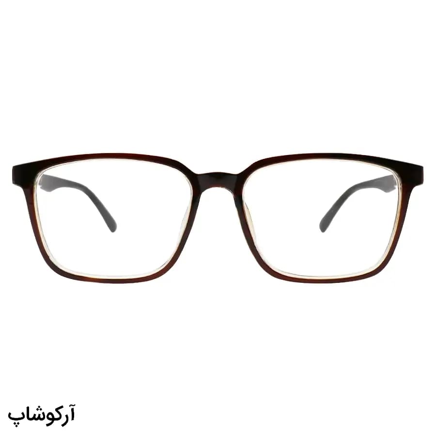 عینک طبی دوربین نمره -1.25 با فریم قهوه‌ای، مستطیلی شکل و دسته فنردار (به‌همراه قاب و دستمال) مدل T104 — تصویر ۲