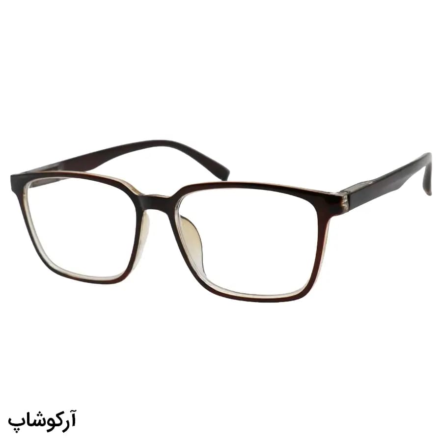 عینک طبی دوربین نمره -1.25 با فریم قهوه‌ای، مستطیلی شکل و دسته فنردار (به‌همراه قاب و دستمال) مدل T104