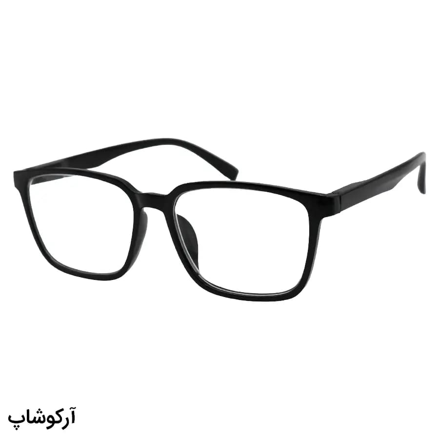 عینک طبی دوربین نمره -0.75 با فریم مشکی، مستطیلی شکل و دسته فنردار (به‌همراه قاب و دستمال) مدل T104