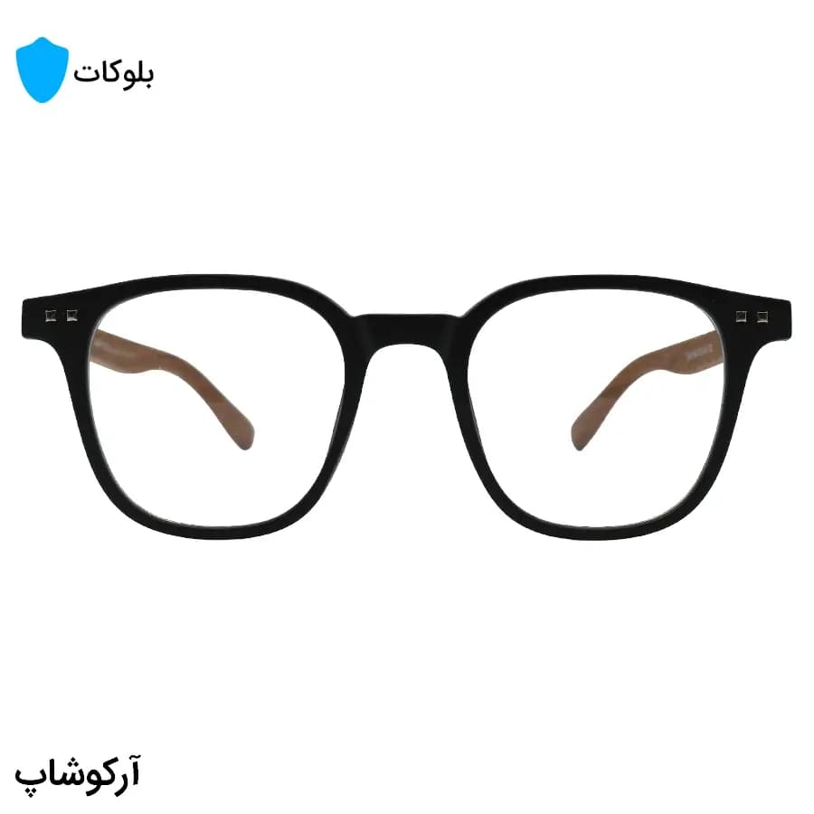 عینک Mont Blanc با فریم مربعی، رنگ مشکی مات، دسته جنس چوبی و قهوه‌ای و لنز بی‌رنگ و بلوکات مدل 503 — تصویر ۲