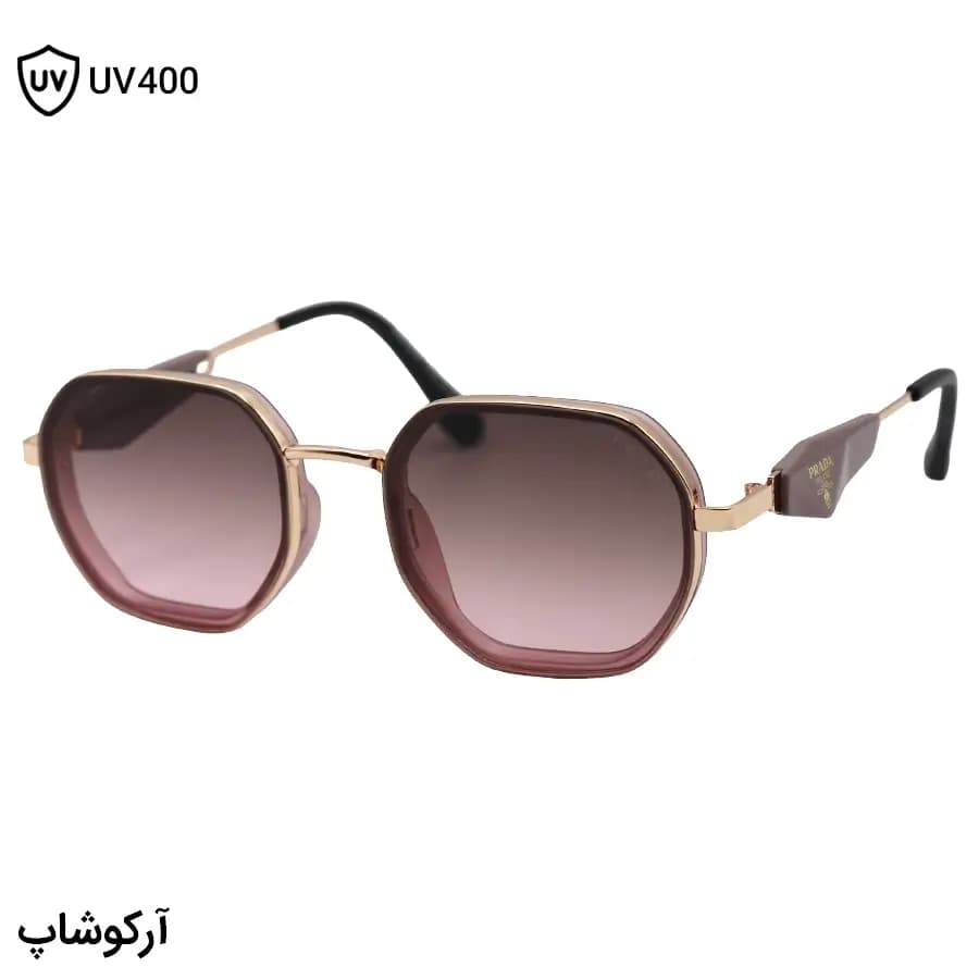 عینک آفتابی PRADA با فریم چندضلعی، رنگ صورتی و طلایی، طراحی فریم مخفی و لنز صورتی هایلایت مدل C527