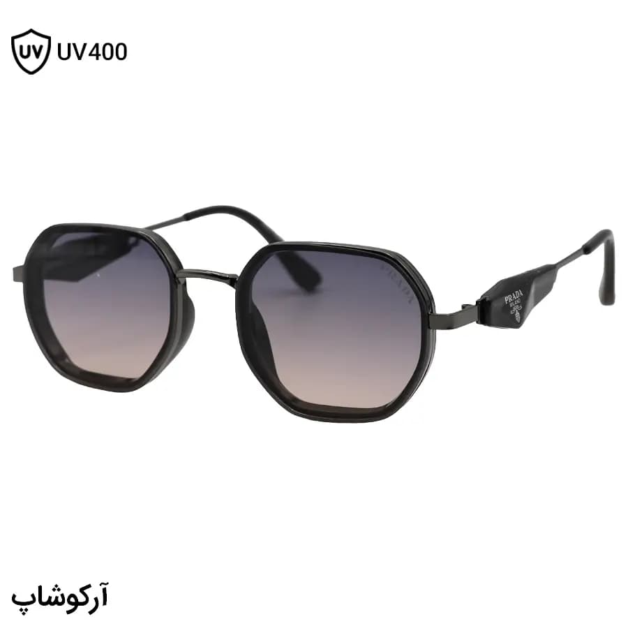 عینک آفتابی PRADA با فریم چندضلعی، رنگ صورتی و طلایی، طراحی فریم مخفی و لنز صورتی هایلایت مدل C527 — تصویر ۷