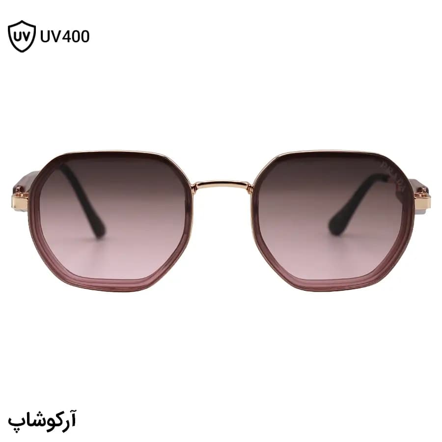 عینک آفتابی PRADA با فریم چندضلعی، رنگ صورتی و طلایی، طراحی فریم مخفی و لنز صورتی هایلایت مدل C527 — تصویر ۲