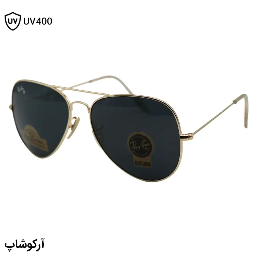 عینک آفتابی Ray-Ban با فریم خلبانی، رنگ طلایی، عدسی دودی تیره و از جنس شیشه مدل RB3026