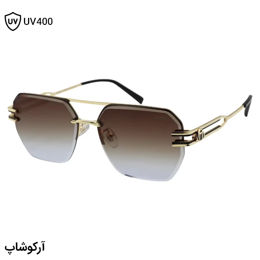 عینک آفتابی میباخ با طراحی نیم‌فریم، شکل چندضلعی، رنگ طلایی براق و لنز قهوه‌ای سایه روشن مدل 2493
