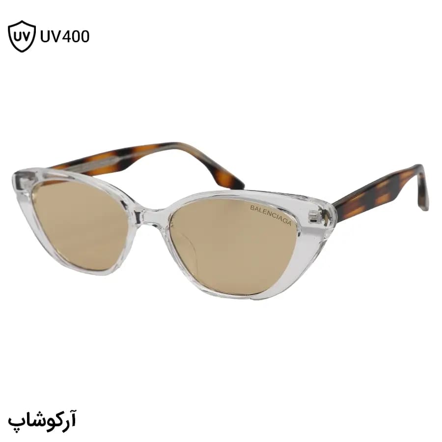 عینک زنانه بالینسیاگا با فریم بیرنگ (شفاف)، شکل چشم گربهای، دسته هاوانا و سیمدار و لنز قهوهای روشن مدل 8850