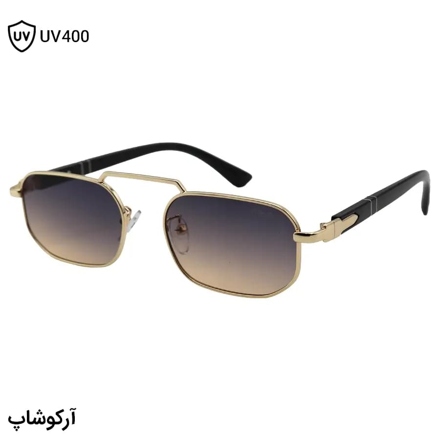 عینک آفتابی ترند Persol اشرف تک با فریم مستطیلی شکل، رنگ طلایی براق و لنز دو رنگ سایه روشن مدل S3081