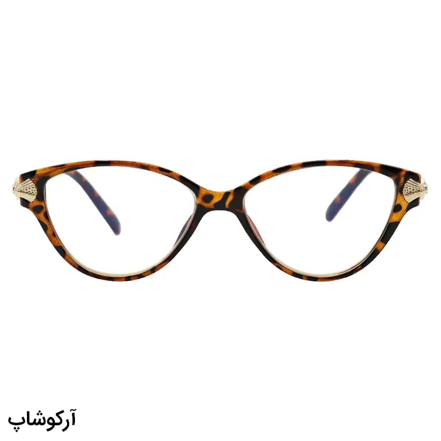 عینک مطالعه زنانه نمره +1.50 نزدیک بین با فریم رنگ هاوانا و شکل گربهای (بههمراه قاب و دستمال) مدل ARS750 — تصویر ۲