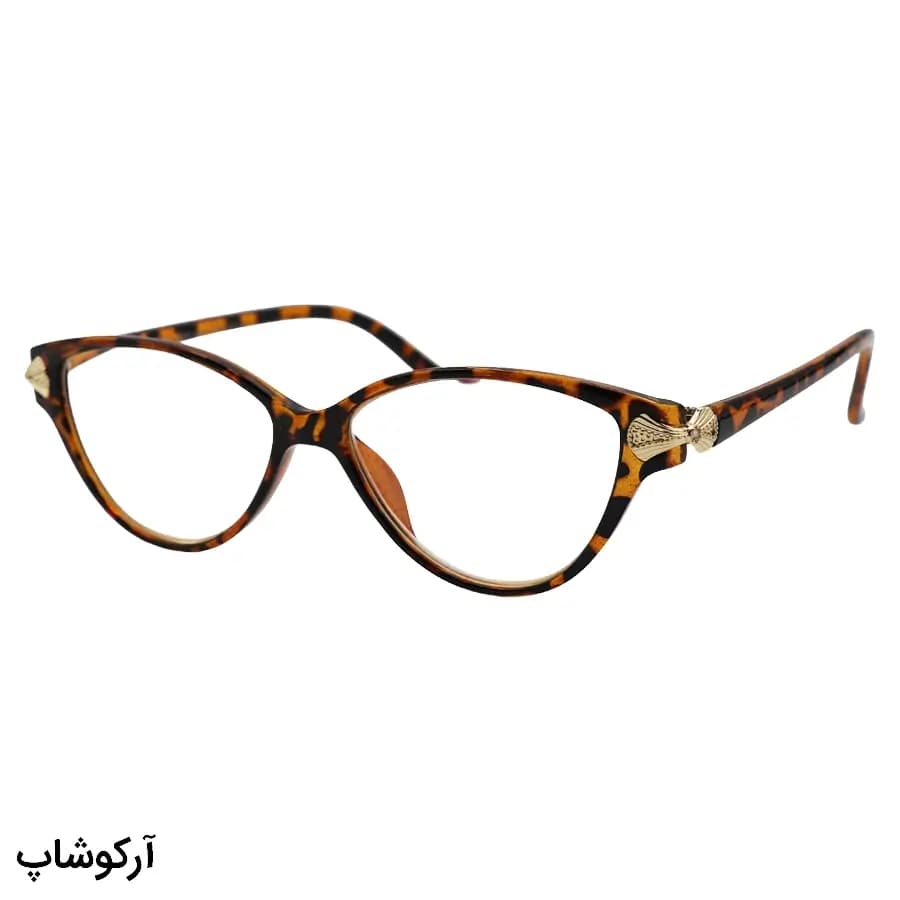 عینک مطالعه زنانه نمره +1.50 نزدیک بین با فریم رنگ هاوانا و شکل گربهای (بههمراه قاب و دستمال) مدل ARS750