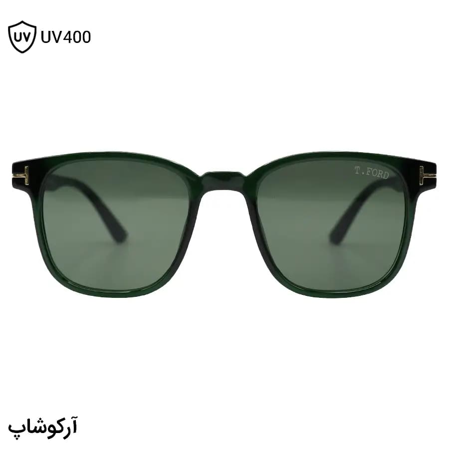 عینک آفتابی TOM FORD با فریم مربعی شکل، رنگ سبز براق، لنز سبز تیره و لولا فنری مدل T2217 — تصویر ۲