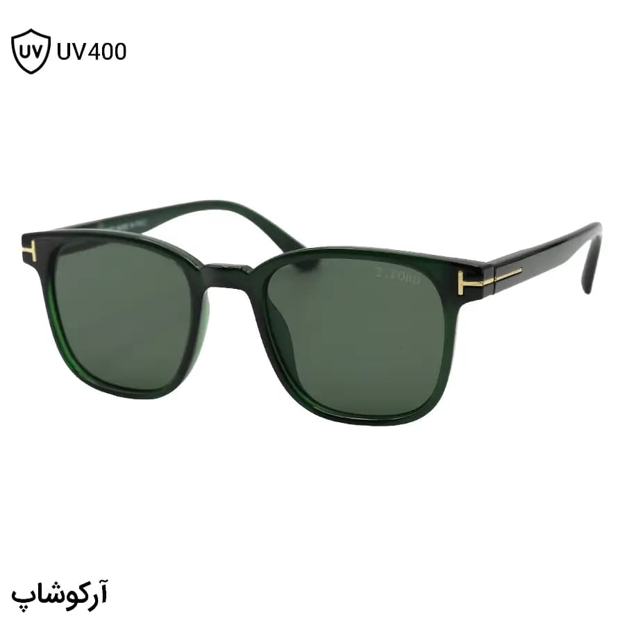 عینک آفتابی TOM FORD با فریم مربعی شکل، رنگ سبز براق، لنز سبز تیره و لولا فنری مدل T2217