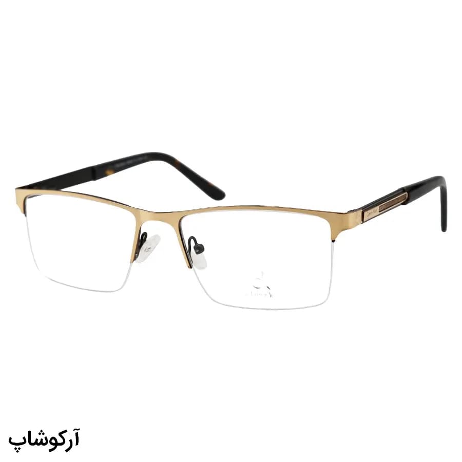 عینک طبی Calvin Klein با طراحی نیم‌فریم، شکل مستطیلی، رنگ طلایی براق، از جنس فلزی و لولا فنردار مدل 62477