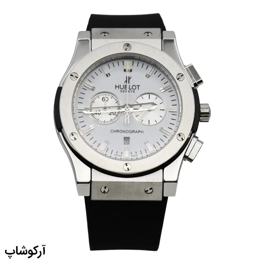 ساعت Hublot کرنوگراف سفید، بند رابر و سیلیکونی، قاب نقره‌ای مات، صفحه گرد آنالوگ، نمایش تاریخ و 24 ساعته و قفل پروانه‌ای مدل 582888