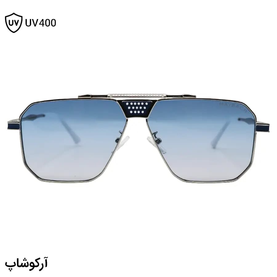 عینک میباخ با فریم شکل چندضلعی، رنگ نقره‌ای براق و عدسی آبی سایه روشن مدل M1090 — تصویر ۲
