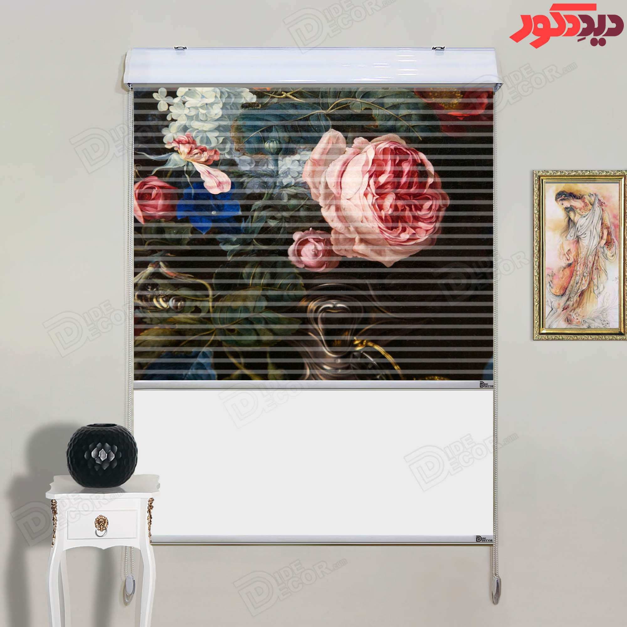 پرده زبرا دومکانیزم تصویری چاپی طرح گل صورتی سبز کد AZD-105 — تصویر ۲