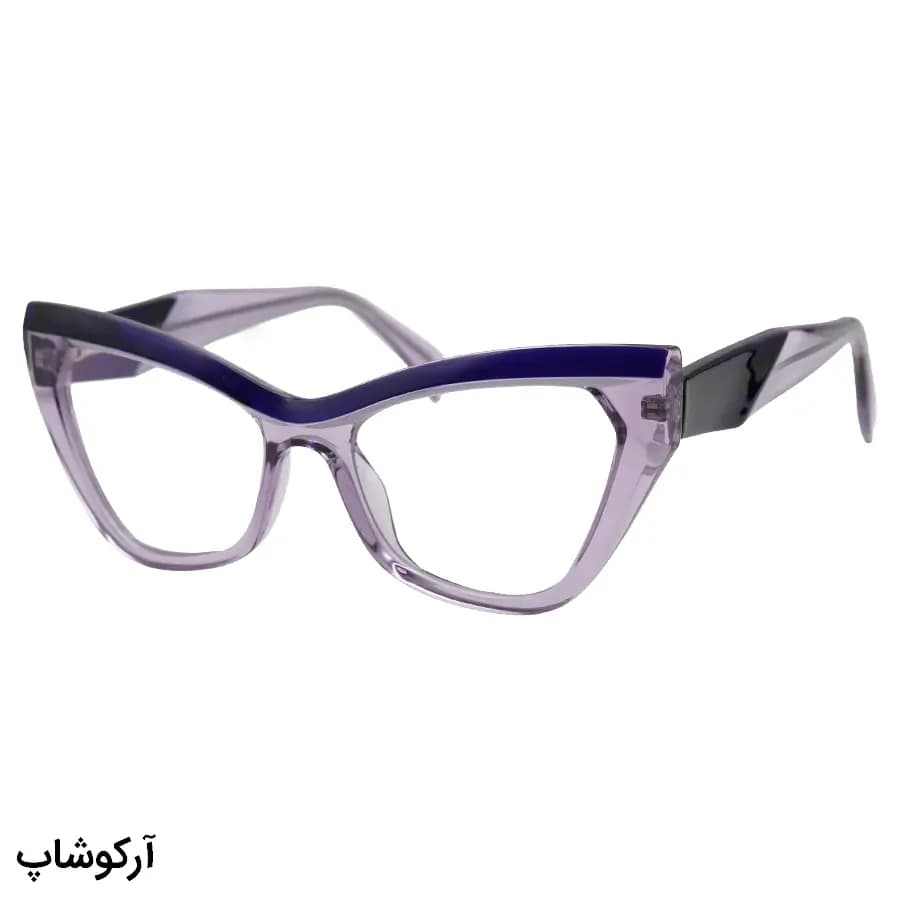 عینک طبی زنانه شوپارد با فریم رنگ بنفش و آبی، شکل چشم گربه‌ای، دسته سیم‌دار و لولا فنردار مدل 2198