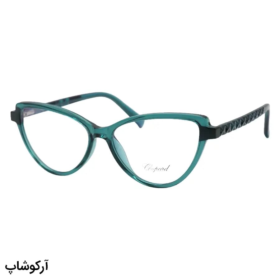 عینک طبی زنانه شوپارد با فریم رنگ سبز براق، شکل چشم گربه‌ای، دسته سیم‌دار و لولا فنردار مدل 2131