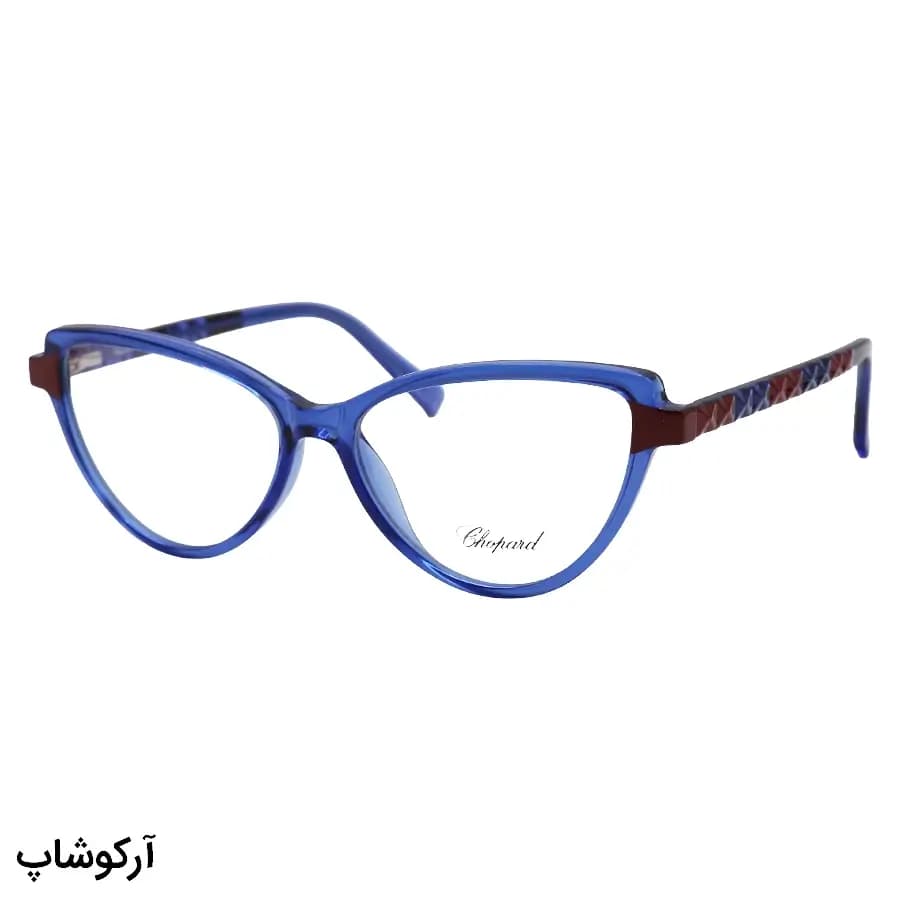 عینک طبی زنانه Chopard با فریم رنگ آبی براق، شکل چشم گربهای، دسته سیمدار و لولا فنردار مدل 2131