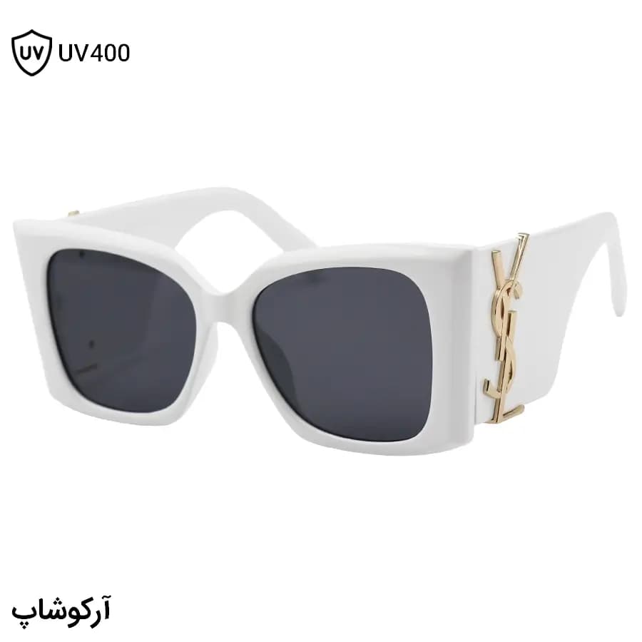 عینک آفتابی YSL با فریم شکل چشم گربهای، رنگ سفید براق، اور سایز، دسته پهن و لنز دودی تیره مدل 23015