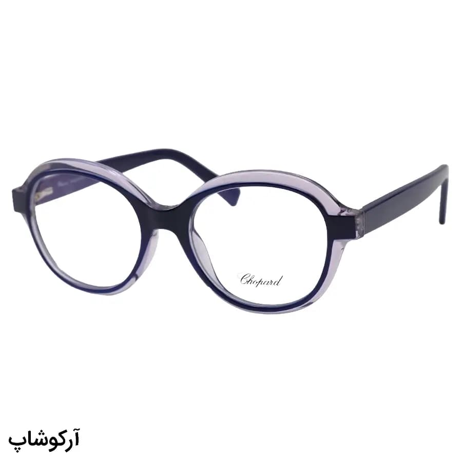عینک طبی زنانه Chopard با فریم رنگ آبی و بنفش براق، شکل گرد، دسته سیمدار و لولا فنردار مدل 2216