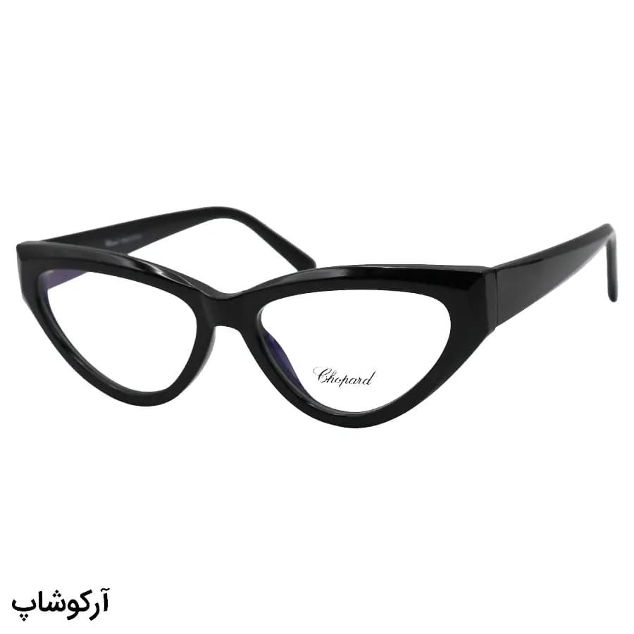 عینک طبی زنانه Chopard با فریم رنگ مشکی براق، شکل چشم گربهای، دسته سیمدار و لولا فنردار مدل 2153