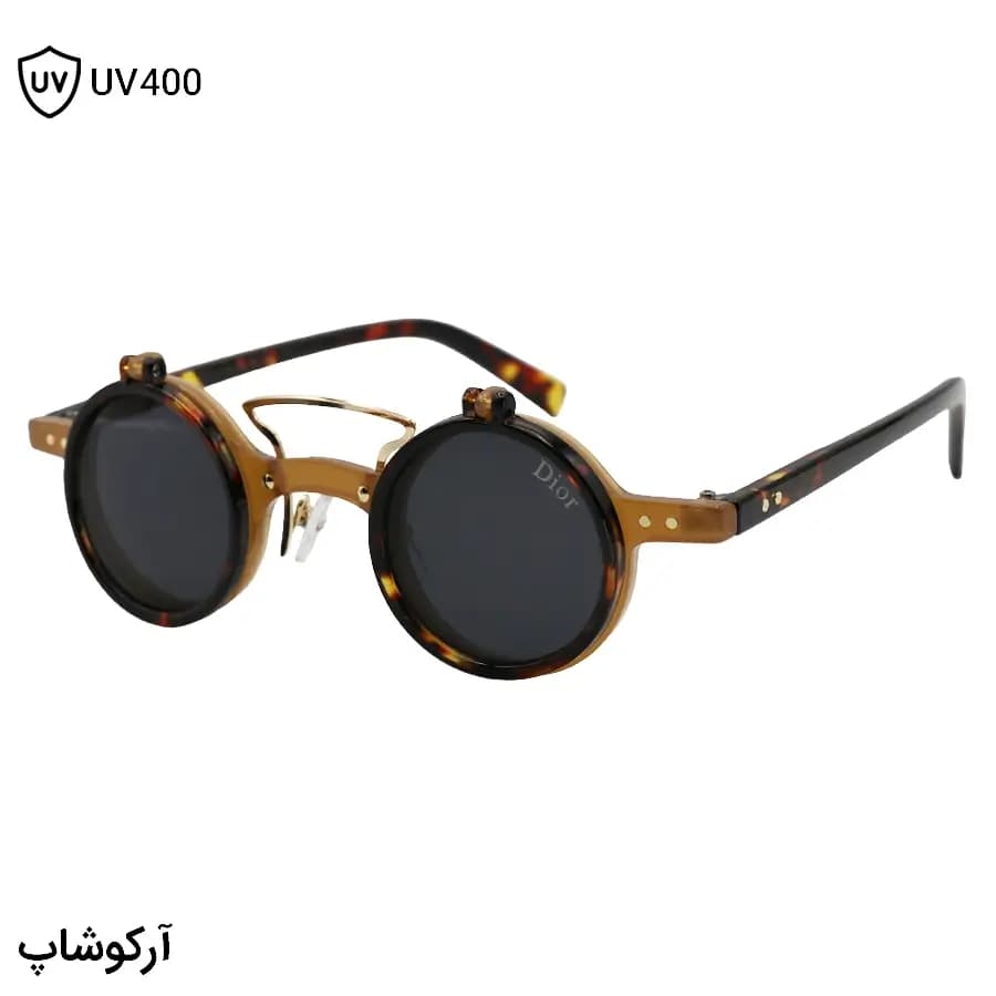 عینک آفتابی فانتزی DIOR با فریم شکل گرد، رنگ هاوانا و قهوه‌ای، دسته هاوانا و لنز بالارونده مدل T307 Y266
