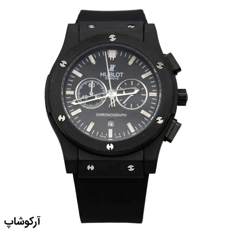 ساعت هابلوت کرنوگراف مشکی، بند رابر و سیلیکونی، قاب مشکی مات، صفحه گرد آنالوگ، نمایش تاریخ و 24 ساعته و قفل پروانه‌ای مدل 582888