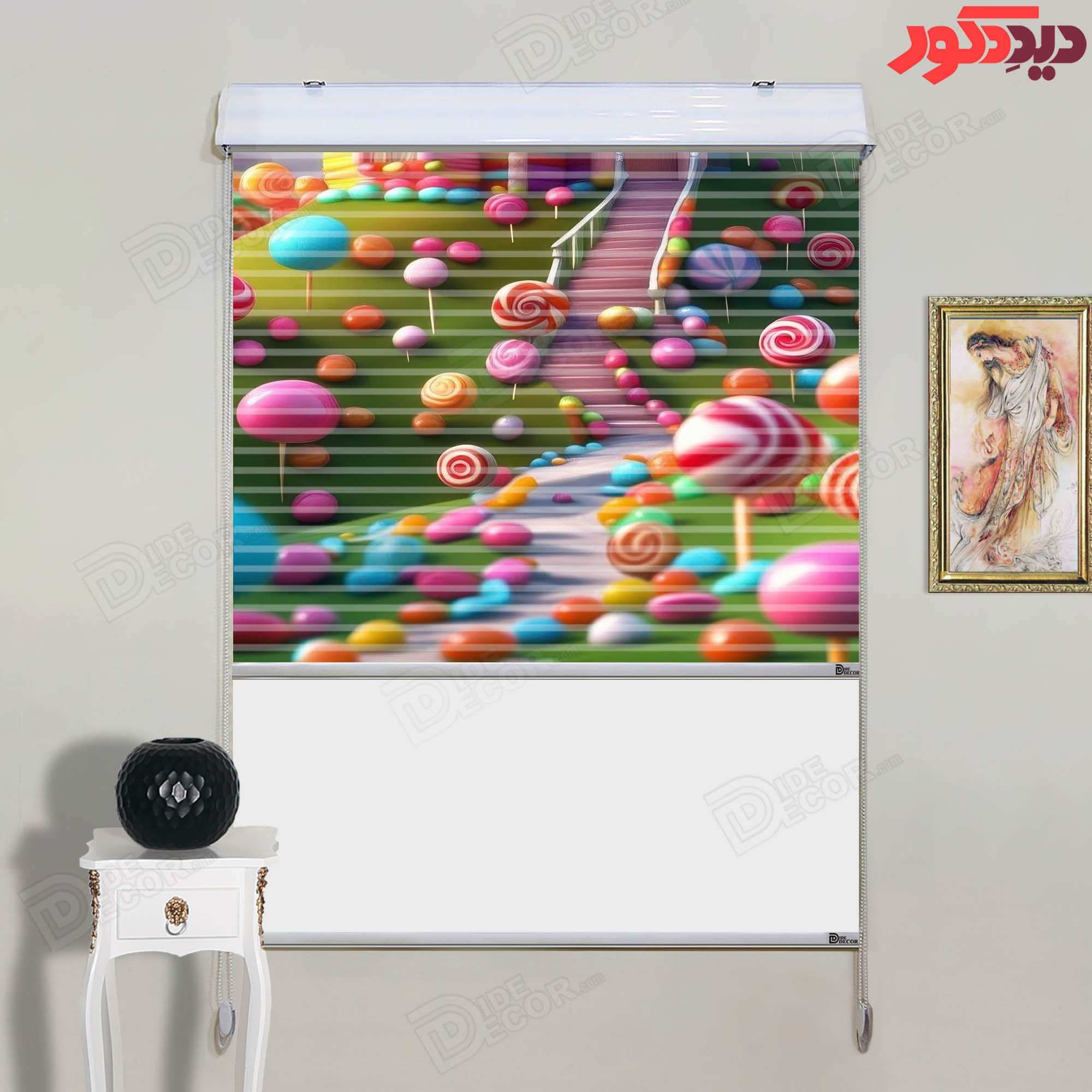 پرده زبرا دومکانیزم تصویری چاپی طرح خانه شیرینی و شکلاتی فانتزی کد KZD-049 — تصویر ۳