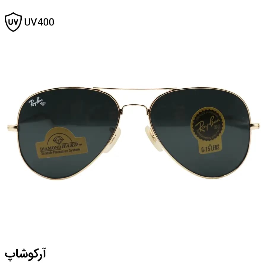 عینک آفتابی ریبن با فریم خلبانی، رنگ طلایی، لنز جنس شیشه و سنگ و رنگ دودی تیره (سایز 58 – کوچک) مدل RB3025 — تصویر ۳