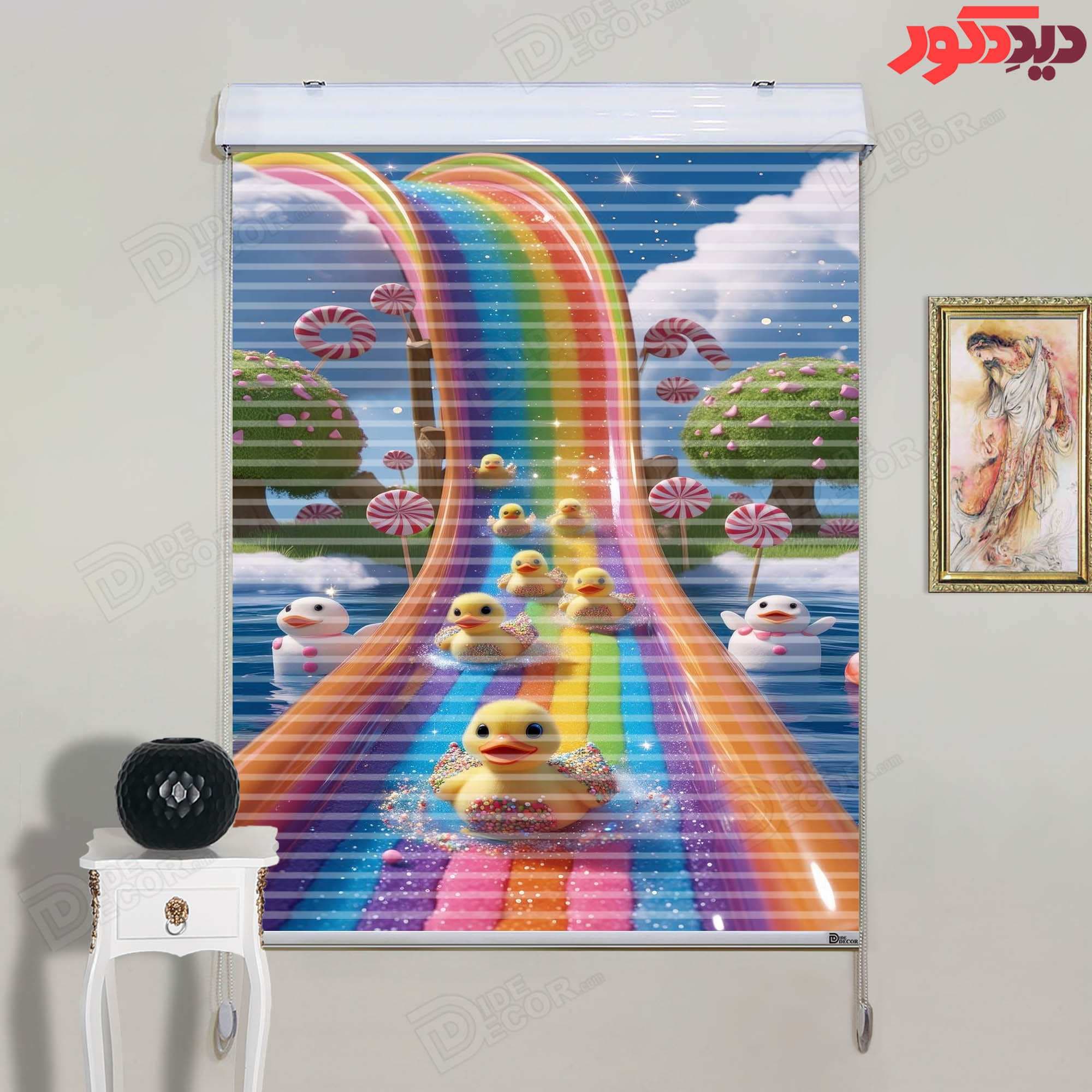 پرده زبرا دومکانیزم تصویری چاپی طرح رنگینکمان و عروسک کد KZD-039