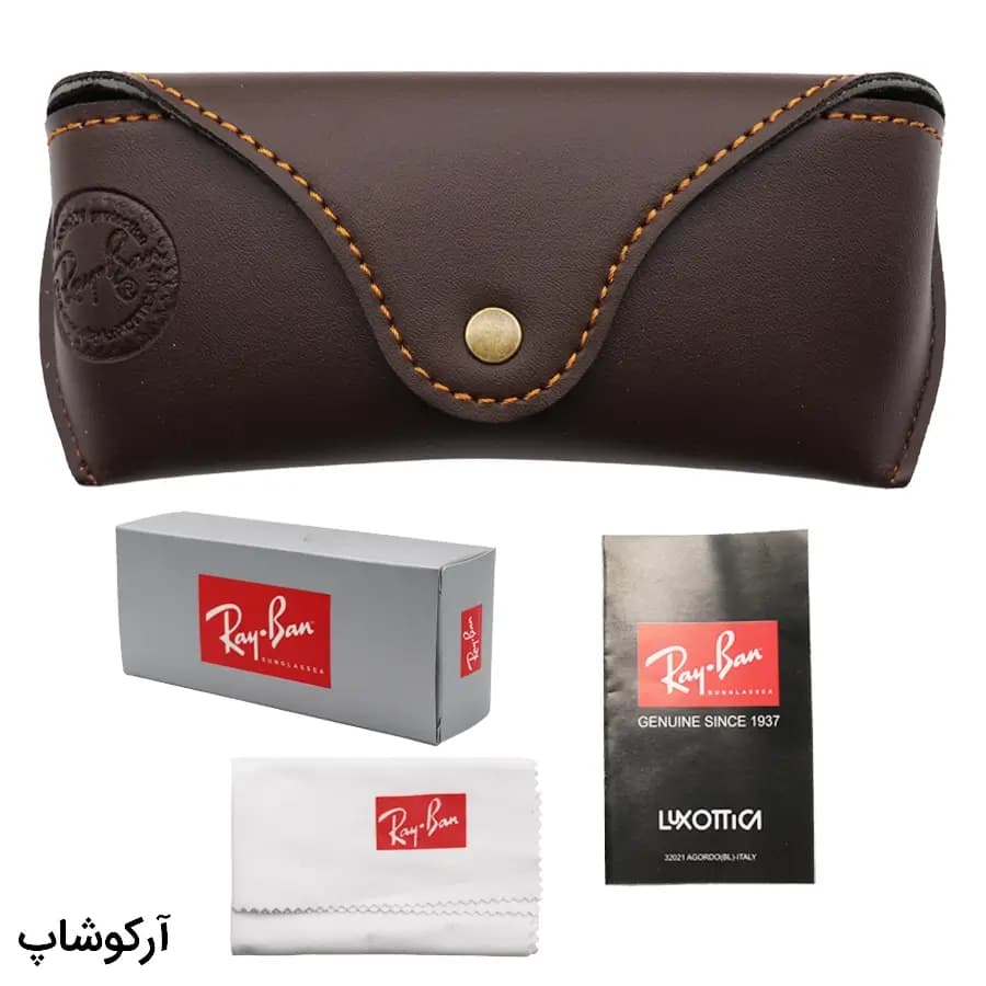 پک عینک برند ریبن (Ray-Ban) با تمام تجهیزات و قاب قهوه‌ای رنگ و چرمی مدل 993107