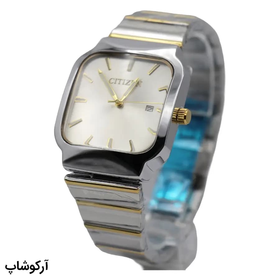 ساعت ست زنانه و مردانه سیتیزن Special دورنگ، صفحه سفید، بند و قاب استیل نقرهای طلایی، صفحه مربعی، نمایش تاریخ، قفل پروانهای مخفی مدل GN-2525 — تصویر ۳
