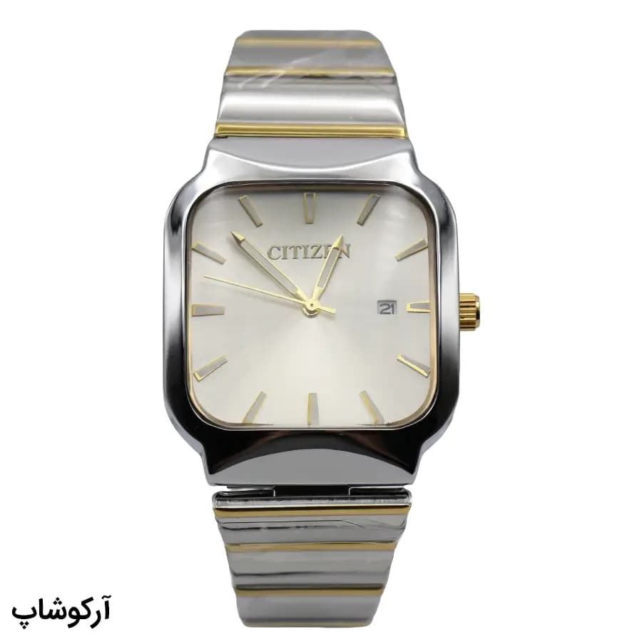ساعت مردانه سیتیزن Special دورنگ، صفحه سفید، بند و قاب استیل نقره‌ای طلایی، صفحه مربعی، نمایش تاریخ، قفل پروانه‌ای مخفی مدل GN-2525