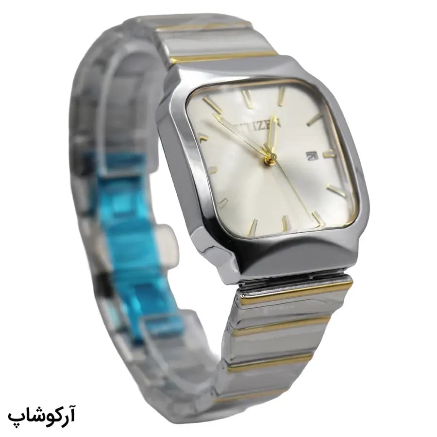 ساعت مردانه سیتیزن Special دورنگ، صفحه سفید، بند و قاب استیل نقرهای طلایی، صفحه مربعی، نمایش تاریخ، قفل پروانهای مخفی مدل GN-2525 — تصویر ۳