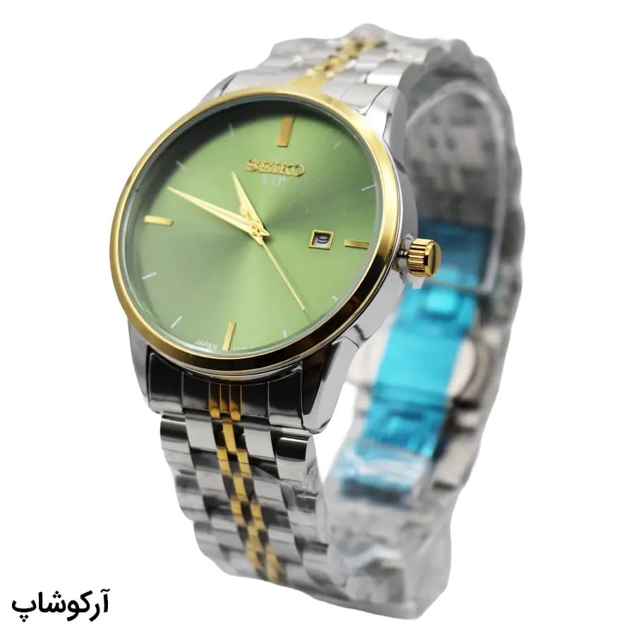 ساعت ست زنانه و مردانه سیکو VIP سبز دورنگ، صفحه خورشیدی، بند و قاب استیل نقرهای طلایی، صفحه گرد، نمایش تاریخ، قفل پروانهای مخفی مدل 977 — تصویر ۳