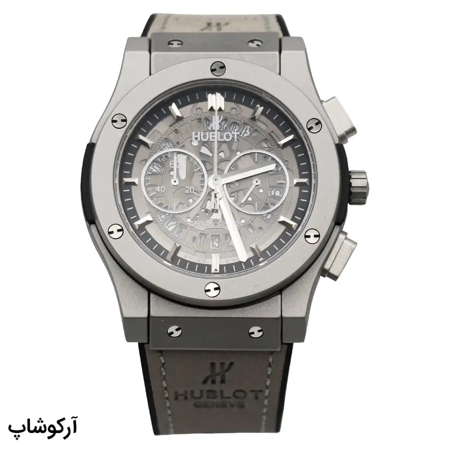 ساعت Hublot بیگ بنگ اسکلتون کرنوگراف خاکستری، بند جیر و سیلیکونی، قاب نقره‌ای مات، صفحه گرد اسکلتون شفاف با نمایش چرخ‌دنده‌ها و قفل پروانه‌ای مدل 582888