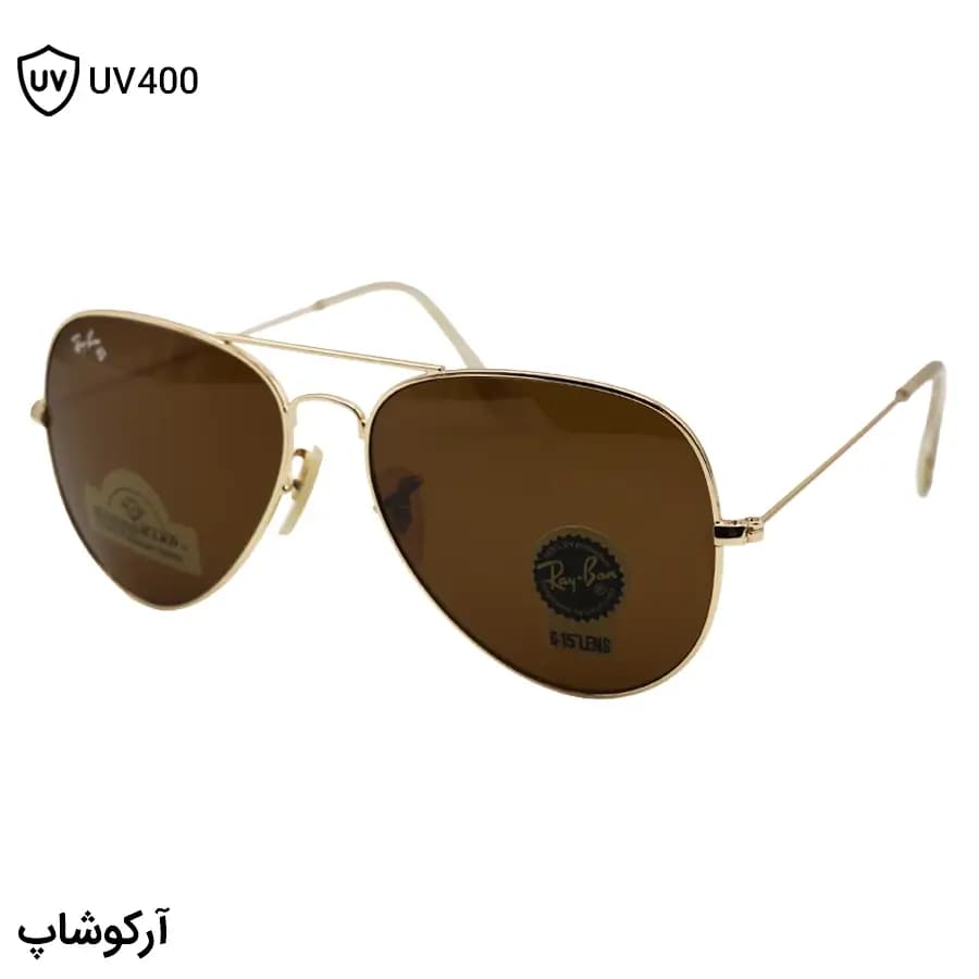 عینک آفتابی ریبن با فریم خلبانی، رنگ طلایی، عدسی قهوه‌ای تیره و از جنس شیشه مدل RB3026