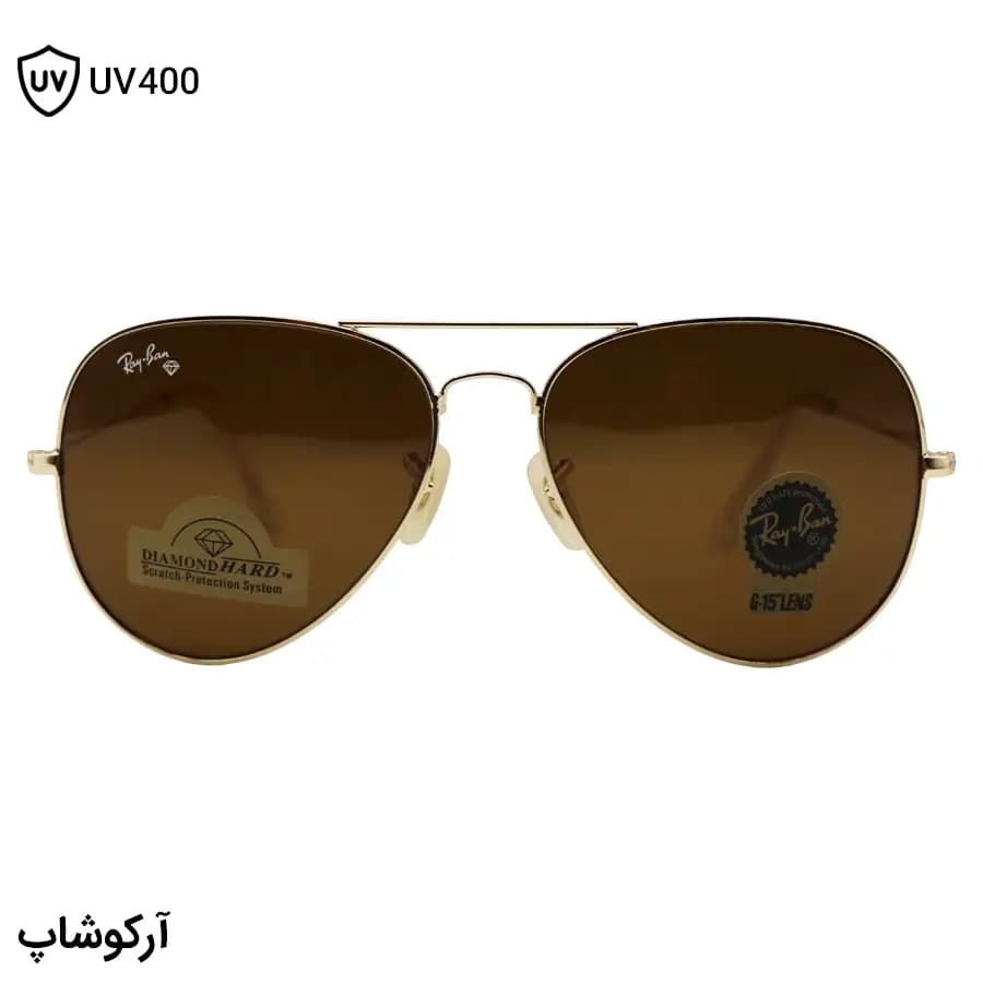 عینک آفتابی ریبن با فریم خلبانی، رنگ طلایی، عدسی قهوه‌ای تیره و از جنس شیشه مدل RB3026 — تصویر ۳