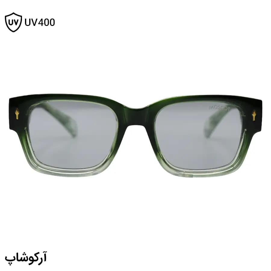 عینک آفتابی Moscot با فریم سبز براق، شکل مستطیلی، دسته پهن و سیم‌دار و لنز دودی تیره مدل 1201 — تصویر ۳