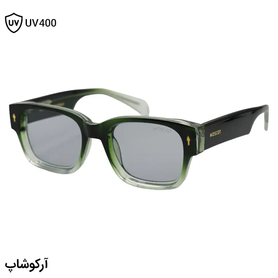 عینک آفتابی Moscot با فریم سبز براق، شکل مستطیلی، دسته پهن و سیمدار و لنز دودی تیره مدل 1201
