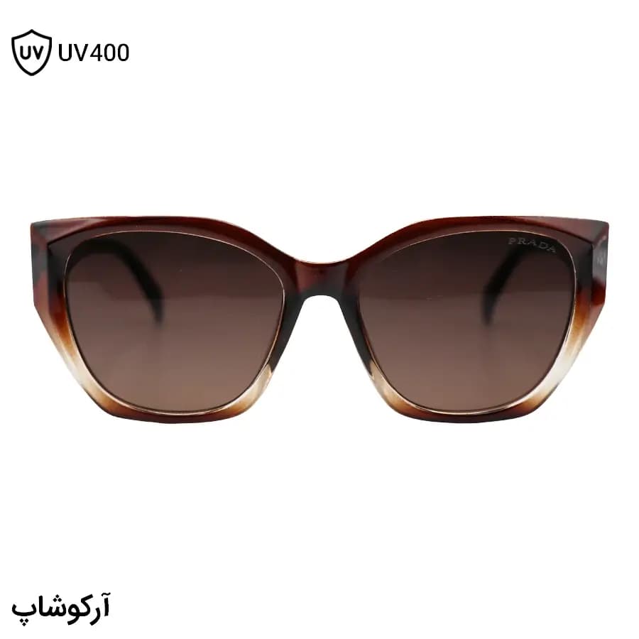 عینک آفتابی زنانه Prada با فریم قهوه‌ای براق، شکل چشم گربه‌ای و لنز قهوه‌ای تیره و هایلایت مدل 2001 — تصویر ۳