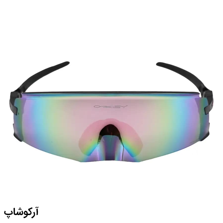 عینک ورزشی OAKLEY با فریم و دسته مشکی رنگ، عدسی آینه‌ای و چند رنگ مدل 009455 — تصویر ۳