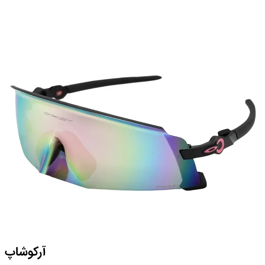 عینک ورزشی OAKLEY با فریم و دسته مشکی رنگ، عدسی آینه‌ای و چند رنگ مدل 009455