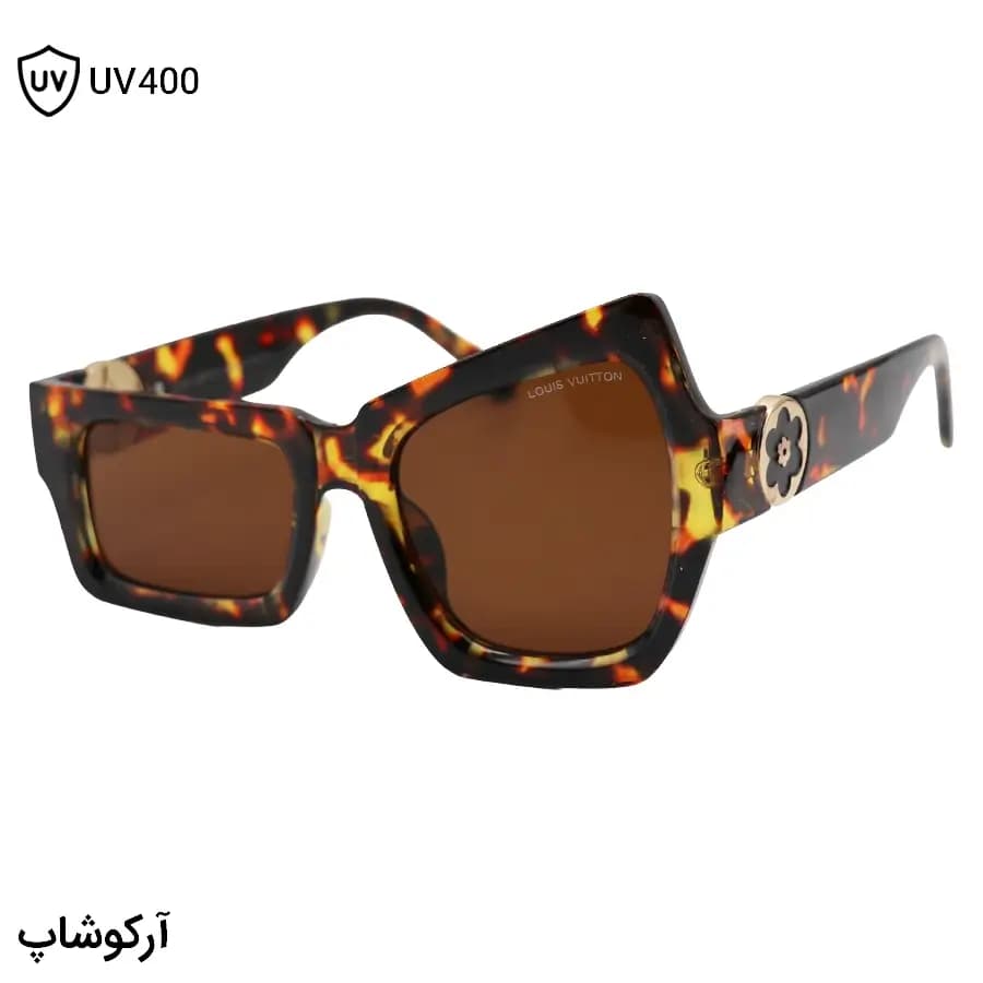 عینک آفتابی LOUIS VUITTON با فریم فانتزی و خاص، رنگ هاوانا براق و عدسی قهوه‌ای تیره مدل 96009