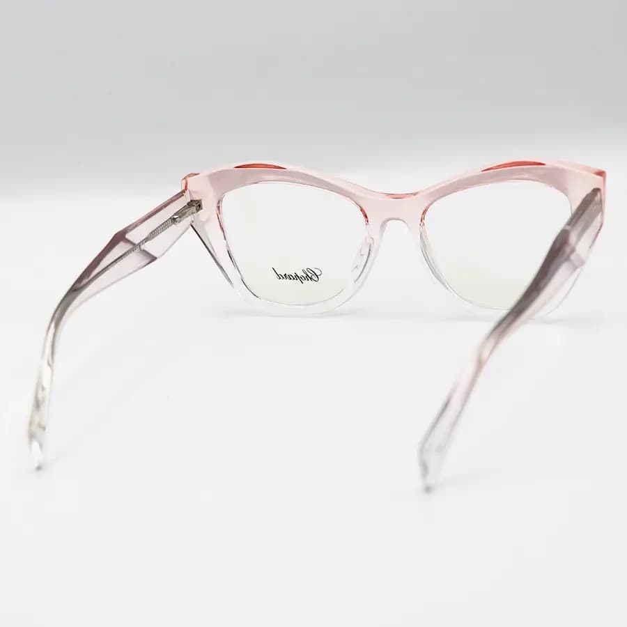 فریم عینک طبی زنانه Chopard با فریم چشم گربه‌ای، رنگ صورتی براق، دسته سیم‌دار و لولا فنری مدل 2197 — تصویر ۵