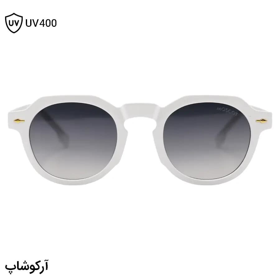 عینک آفتابی موسکات با فریم شکل گرد، رنگ سفید براق، دسته سیم‌دار و عدسی دودی سایه روشن مدل 1209 — تصویر ۳