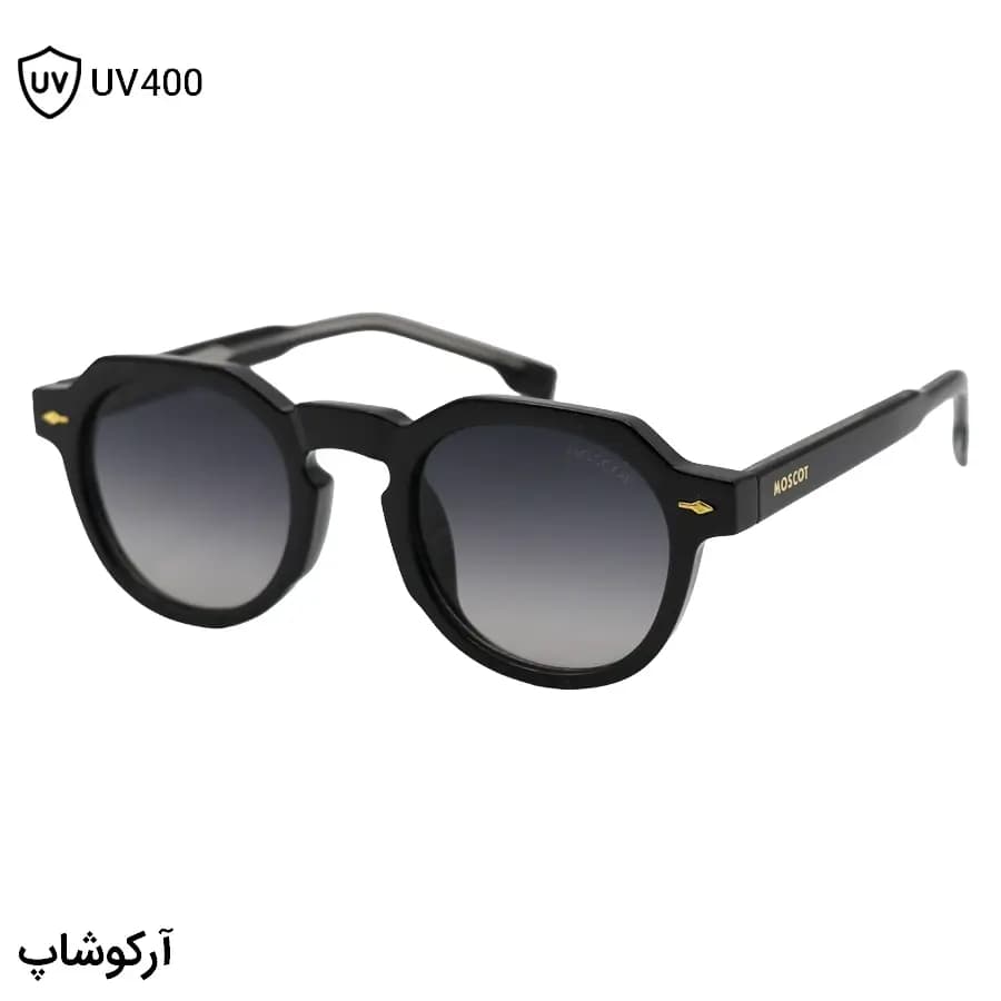 عینک آفتابی موسکات با فریم شکل گرد، رنگ مشکی براق، دسته سیم‌دار و عدسی دودی سایه روشن مدل 1209