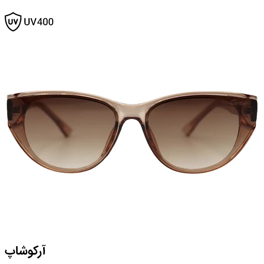 عینک آفتابی زنانه Cartier با فریم عسلی براق، شکل چشم گربه‌ای، دسته سیم‌دار و لنز قهوه‌ای هایلایت مدل 58201 — تصویر ۳