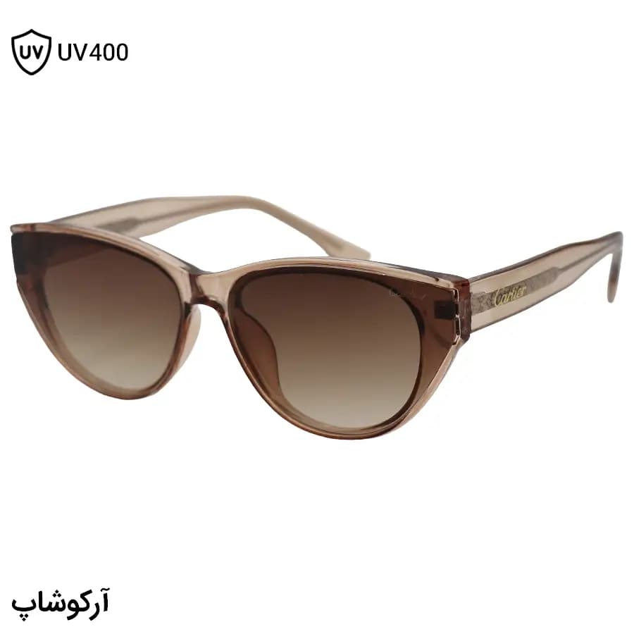 عینک آفتابی زنانه Cartier با فریم عسلی براق، شکل چشم گربه‌ای، دسته سیم‌دار و لنز قهوه‌ای هایلایت مدل 58201